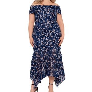 XSCAPE - Navy Floral Off Shoulder Handkerchief Hem Maxi Dres